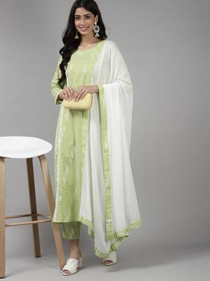 Indo Era Sea Green Printed A-line Kurta Trouser With Dupatta Set 4