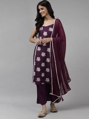 Indo Era Purple Printed A-Line Kurta Palazzo with Dupatta set 1