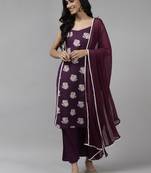 Indo Era Purple Printed A-Line Kurta Palazzo with Dupatta set