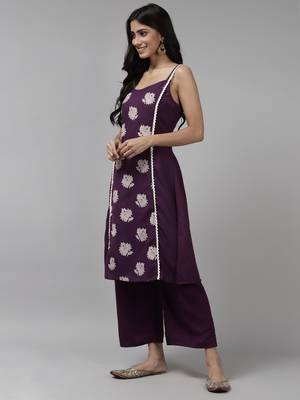 Indo Era Purple Printed A-Line Kurta Palazzo with Dupatta set 3
