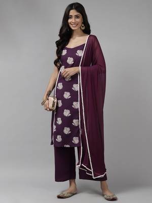 Indo Era Purple Printed A-Line Kurta Palazzo with Dupatta set 4