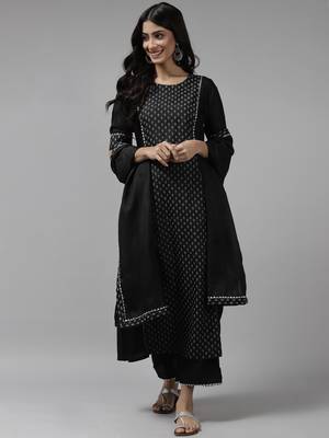 Indo Era Black Printed A-Line Kurta Trouser with Dupatta set 1