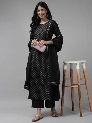 Indo Era Black Printed A-Line Kurta Trouser with Dupatta set 4