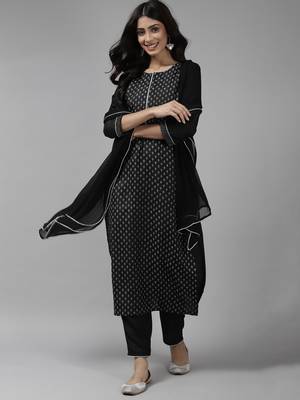 Indo Era Black Printed Straight Kurta Palazzo with Dupatta Set 1