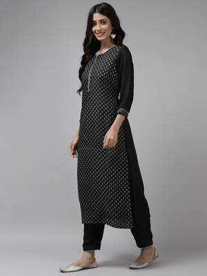 Indo Era Black Printed Straight Kurta Palazzo with Dupatta Set 3