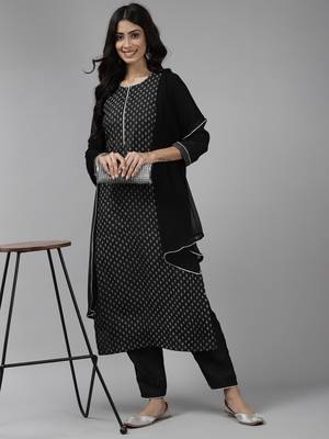 Indo Era Black Printed Straight Kurta Palazzo with Dupatta Set 4