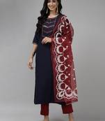 Indo Era Blue Embroidered Straight Kurta Palazzo With Dupatta Set