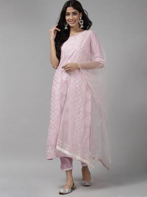 Indo Era Lavender Printed Straight Kurta Trouser with Dupatta Set 1