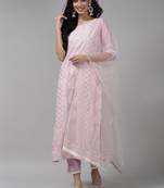 Indo Era Lavender Printed Straight Kurta Trouser with Dupatta Set