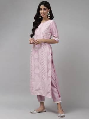 Indo Era Lavender Printed Straight Kurta Trouser with Dupatta Set 3