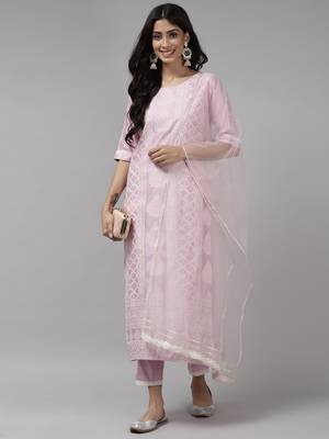 Indo Era Lavender Printed Straight Kurta Trouser with Dupatta Set 4