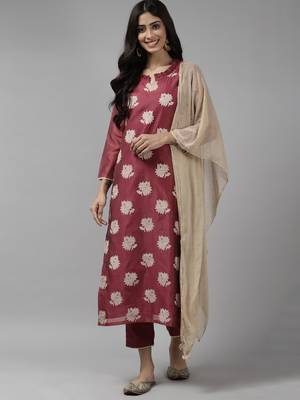 Indo Era Wine Printed Straight Kurta Trouser With Dupatta Set 1