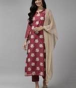 Indo Era Wine Printed Straight Kurta Trouser With Dupatta Set