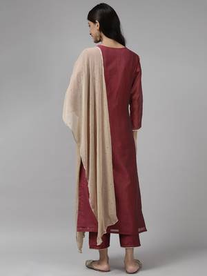 Indo Era Wine Printed Straight Kurta Trouser With Dupatta Set 2