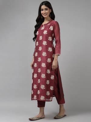 Indo Era Wine Printed Straight Kurta Trouser With Dupatta Set 3