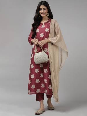 Indo Era Wine Printed Straight Kurta Trouser With Dupatta Set 4