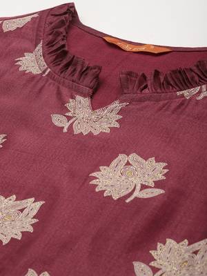 Indo Era Wine Printed Straight Kurta Trouser With Dupatta Set 5