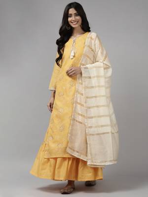 Indo Era Yellow Printed Straight Kurta Sharara With Dupatta Set 1