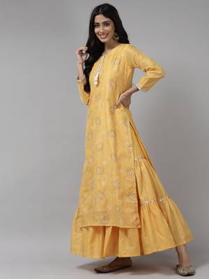 Indo Era Yellow Printed Straight Kurta Sharara With Dupatta Set 3