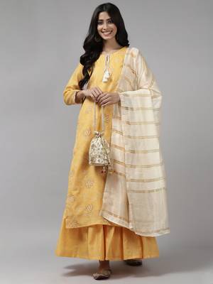 Indo Era Yellow Printed Straight Kurta Sharara With Dupatta Set 4
