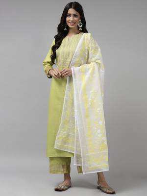 Indo Era Yellow Embroidered Straight Kurta Palazzo With Dupatta Set 1