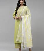 Indo Era Yellow Embroidered Straight Kurta Palazzo With Dupatta Set