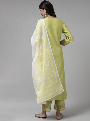 Indo Era Yellow Embroidered Straight Kurta Palazzo With Dupatta Set 2
