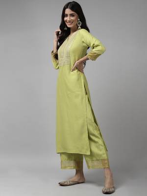 Indo Era Yellow Embroidered Straight Kurta Palazzo With Dupatta Set 3