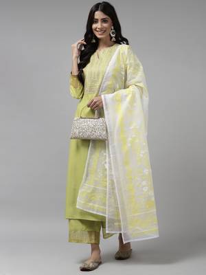 Indo Era Yellow Embroidered Straight Kurta Palazzo With Dupatta Set 4
