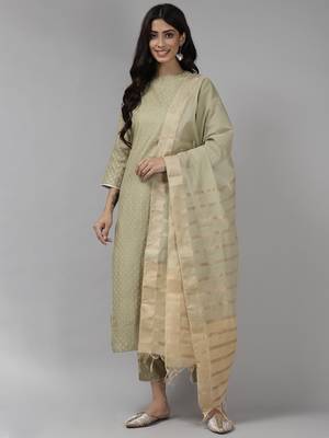 Indo Era Sea Green  Printed Straight Kurta Trouser with Dupatta set 1
