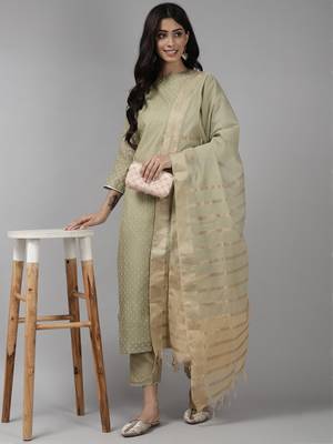 Indo Era Sea Green  Printed Straight Kurta Trouser with Dupatta set 4
