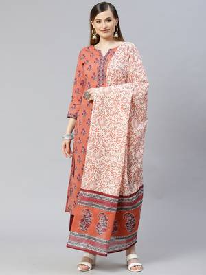 Indo Era Peach Printed Straight Kurta Palazzo With Dupatta Set 1