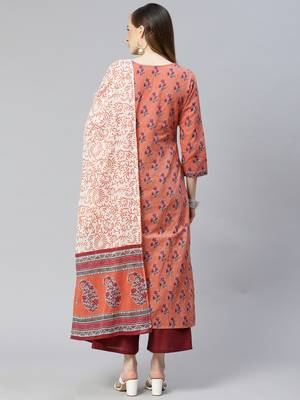 Indo Era Peach Printed Straight Kurta Palazzo With Dupatta Set 2