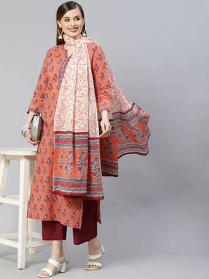 Indo Era Peach Printed Straight Kurta Palazzo With Dupatta Set 4