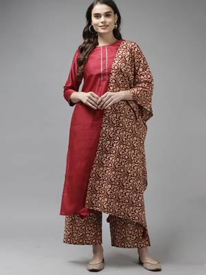 Indo Era Red Solid Straight Kurta Palazzo With Dupatta Set 1