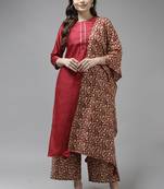 Indo Era Red Solid Straight Kurta Palazzo With Dupatta Set