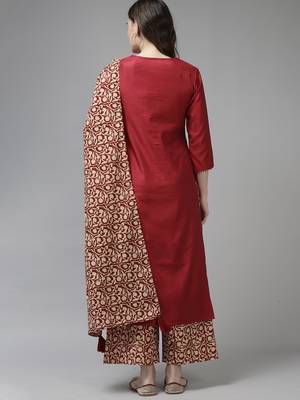 Indo Era Red Solid Straight Kurta Palazzo With Dupatta Set 2