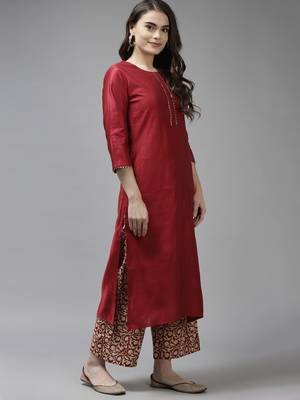 Indo Era Red Solid Straight Kurta Palazzo With Dupatta Set 3