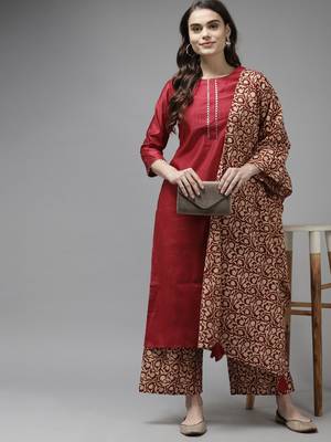 Indo Era Red Solid Straight Kurta Palazzo With Dupatta Set 4