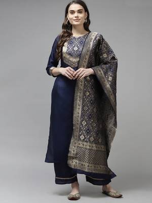 Indo Era Navy Blue Solid Straight Kurta Palazzo With Dupatta Set 1