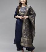 Indo Era Navy Blue Solid Straight Kurta Palazzo With Dupatta Set