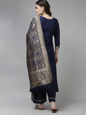 Indo Era Navy Blue Solid Straight Kurta Palazzo With Dupatta Set 2