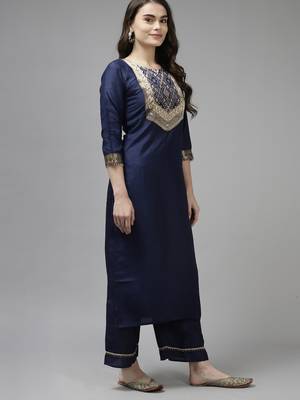 Indo Era Navy Blue Solid Straight Kurta Palazzo With Dupatta Set 3