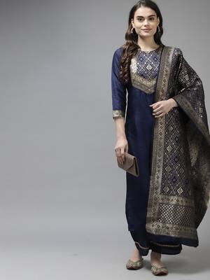 Indo Era Navy Blue Solid Straight Kurta Palazzo With Dupatta Set 4