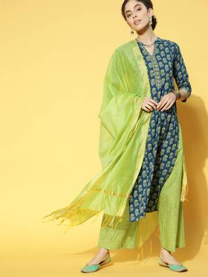 Indo Era Blue Printed Straight Kurta Palazzo With Dupatta Set 1