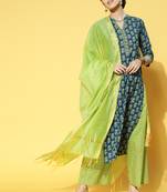 Indo Era Blue Printed Straight Kurta Palazzo With Dupatta Set