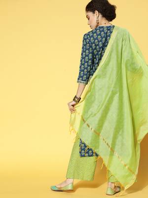 Indo Era Blue Printed Straight Kurta Palazzo With Dupatta Set 2