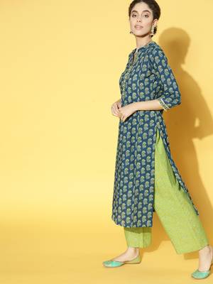Indo Era Blue Printed Straight Kurta Palazzo With Dupatta Set 3