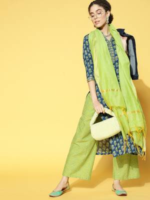 Indo Era Blue Printed Straight Kurta Palazzo With Dupatta Set 4