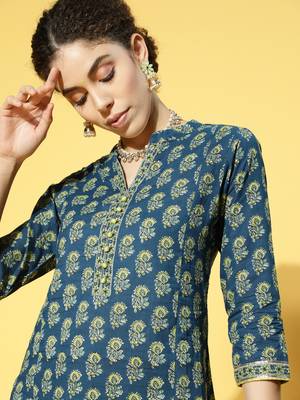 Indo Era Blue Printed Straight Kurta Palazzo With Dupatta Set 5